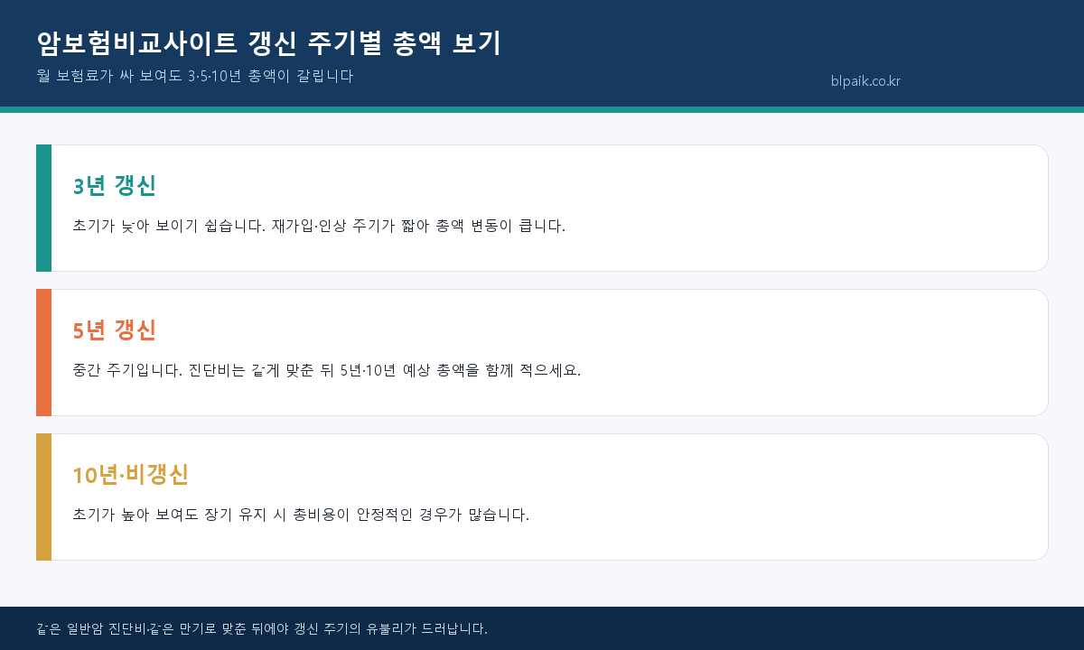 암보험비교사이트 3년 5년 10년 갱신 주기 총액 비교 인포그래픽